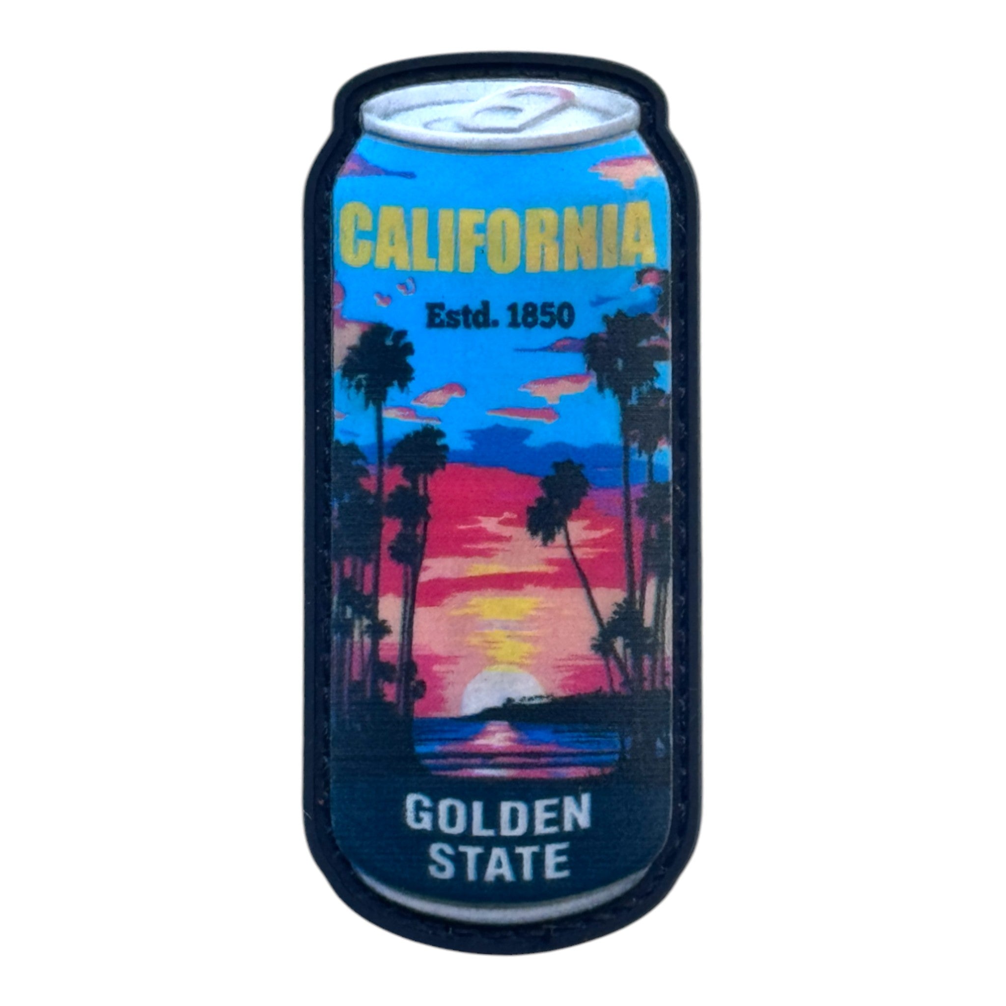 Soda can with beach print and text on it "GOLDEN STATE" 3D PVC Velcro patch with hook and loop backing.