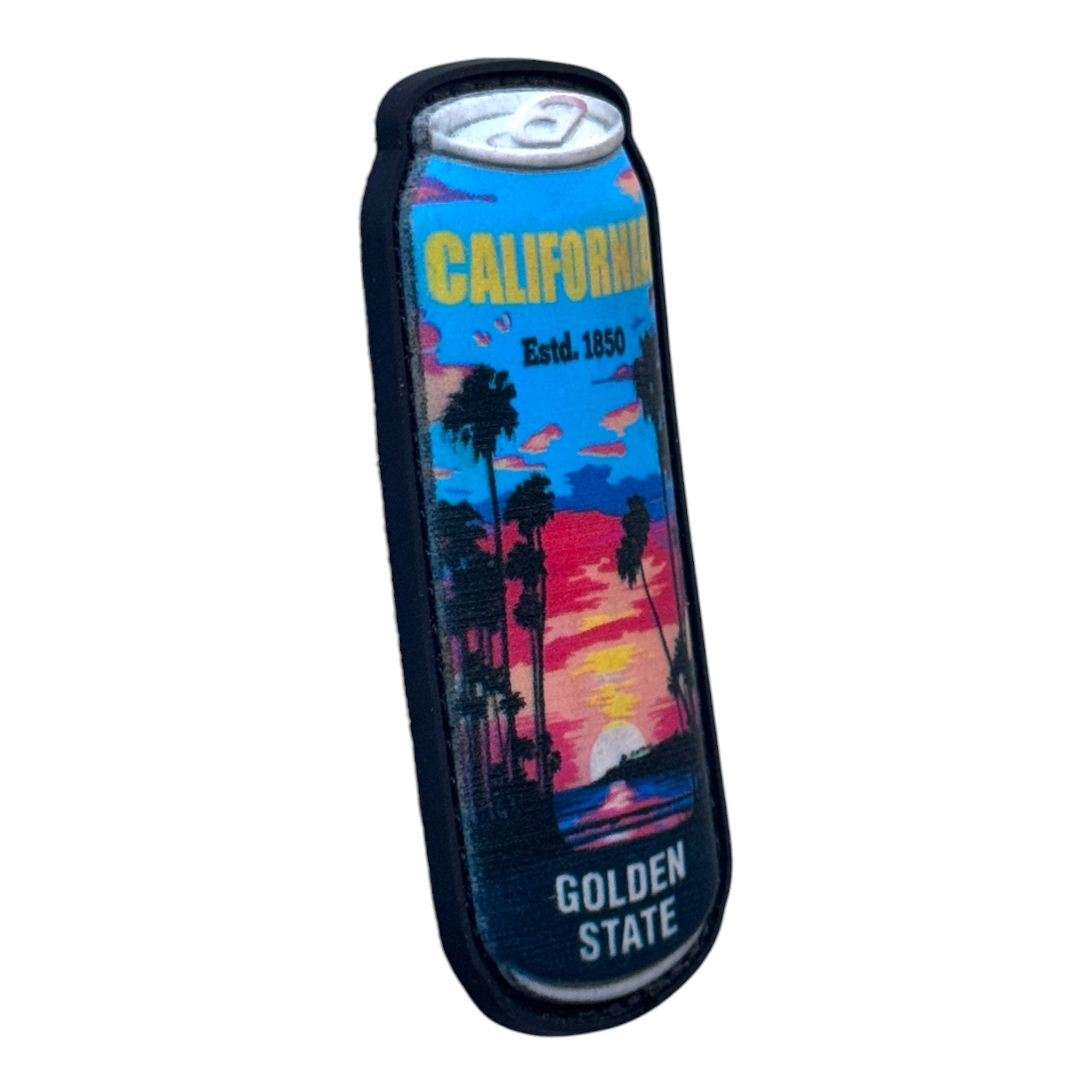 Soda can with beach print and text on it "GOLDEN STATE" 3D PVC Velcro patch with hook and loop backing. Side view