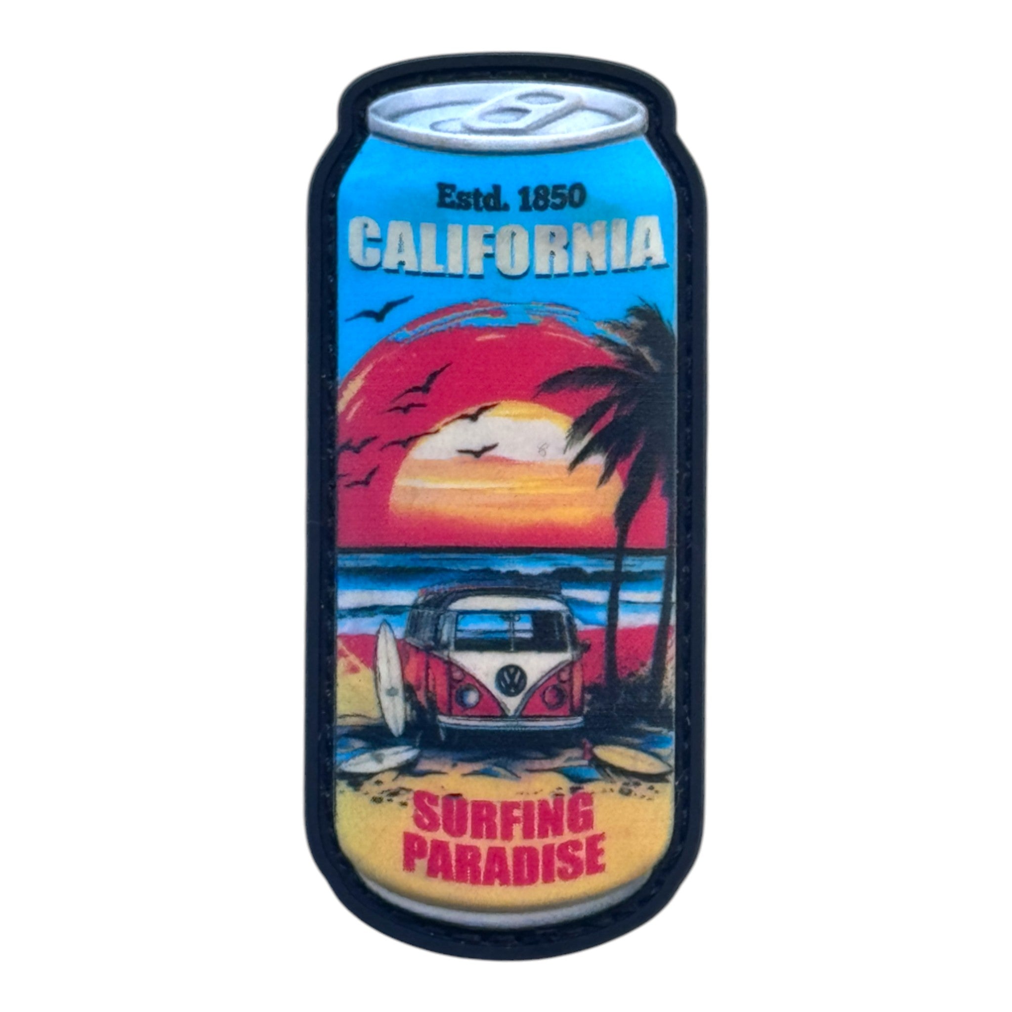 Soda can with beach print and text on it "Surfing Paradise" 3D PVC Velcro patch with hook and loop backing.