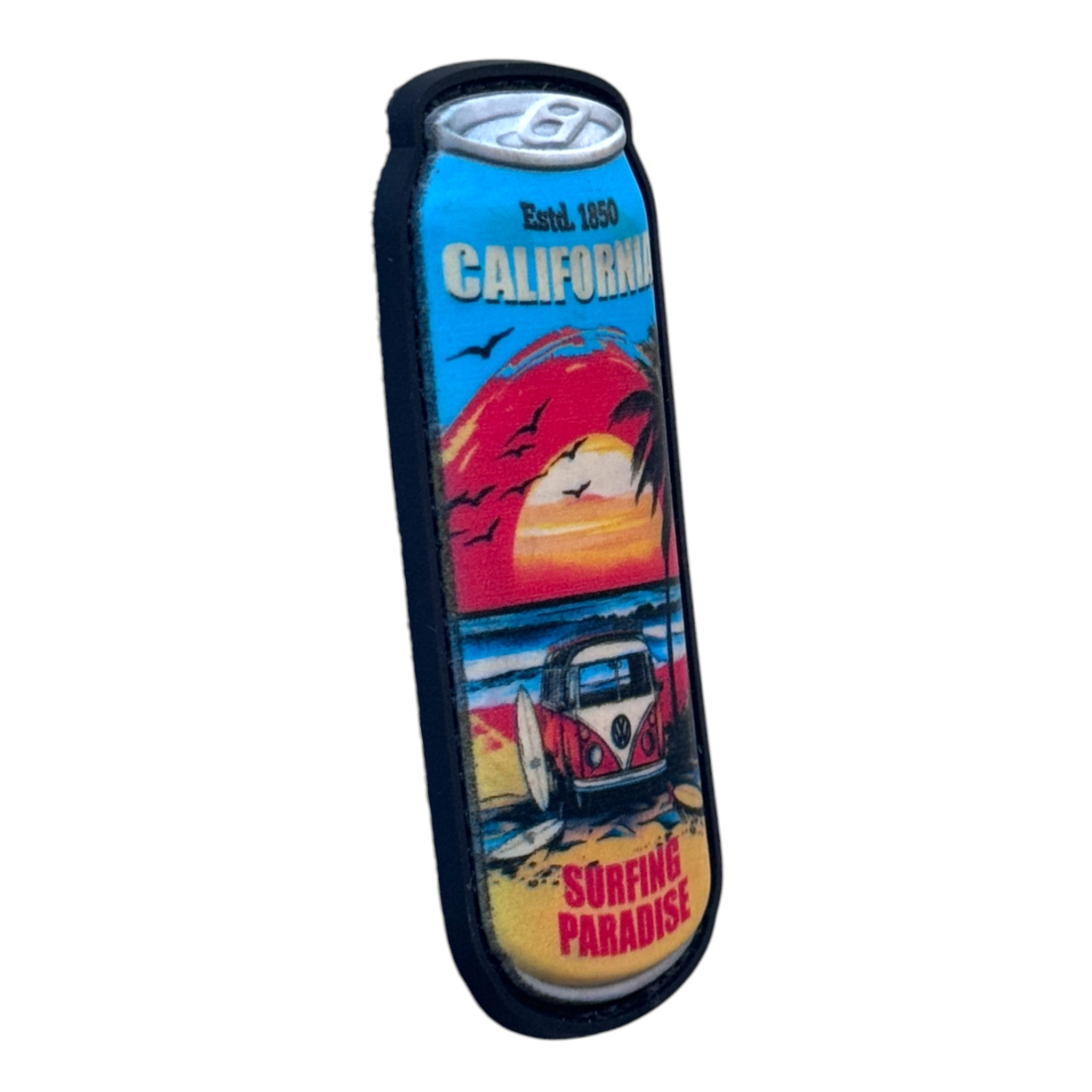 Soda can with beach print and text on it "Surfing Paradise" 3D PVC Velcro patch with hook and loop backing. Side view