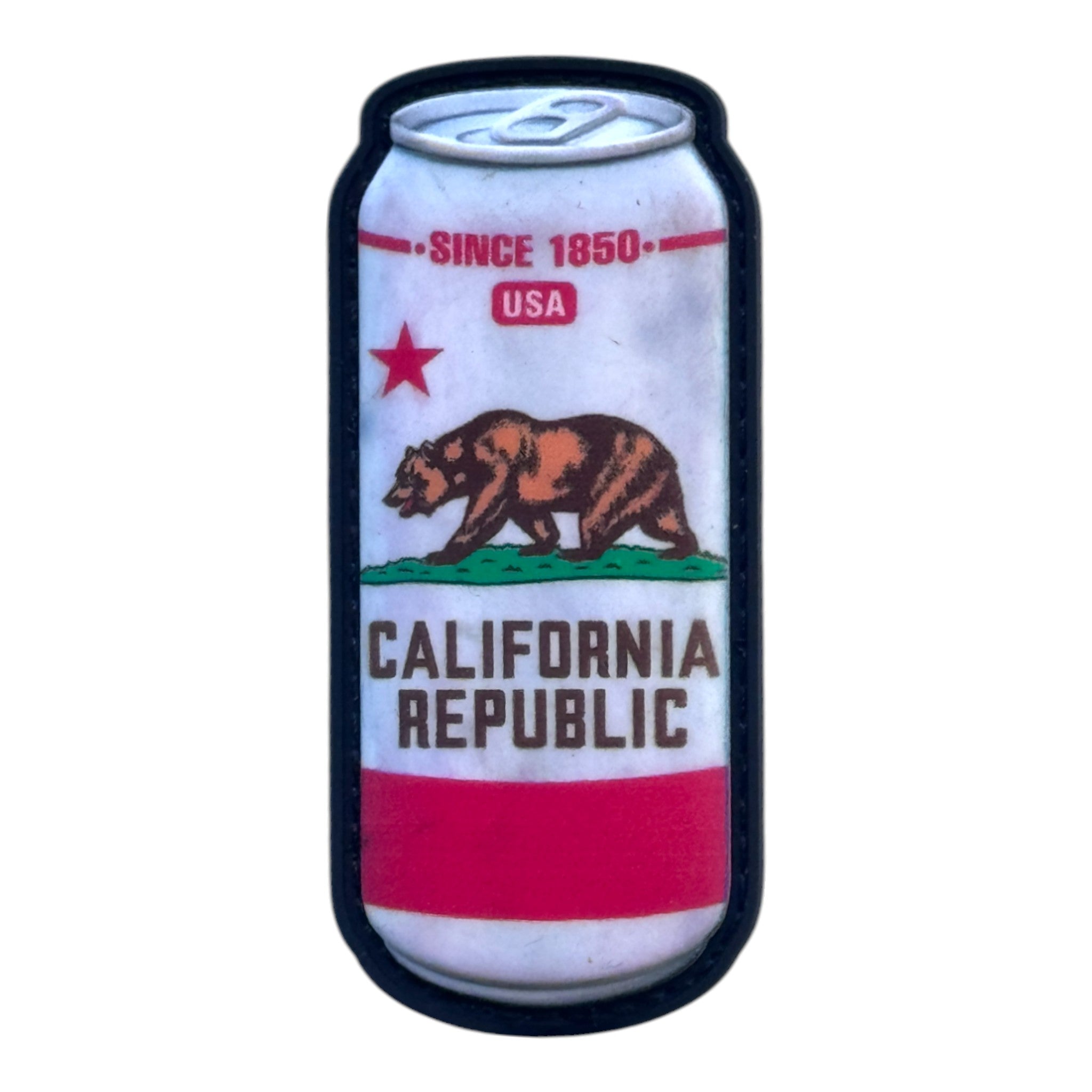 Soda can with text on it "California Republic" 3D PVC Velcro patch with hook and loop backing.
