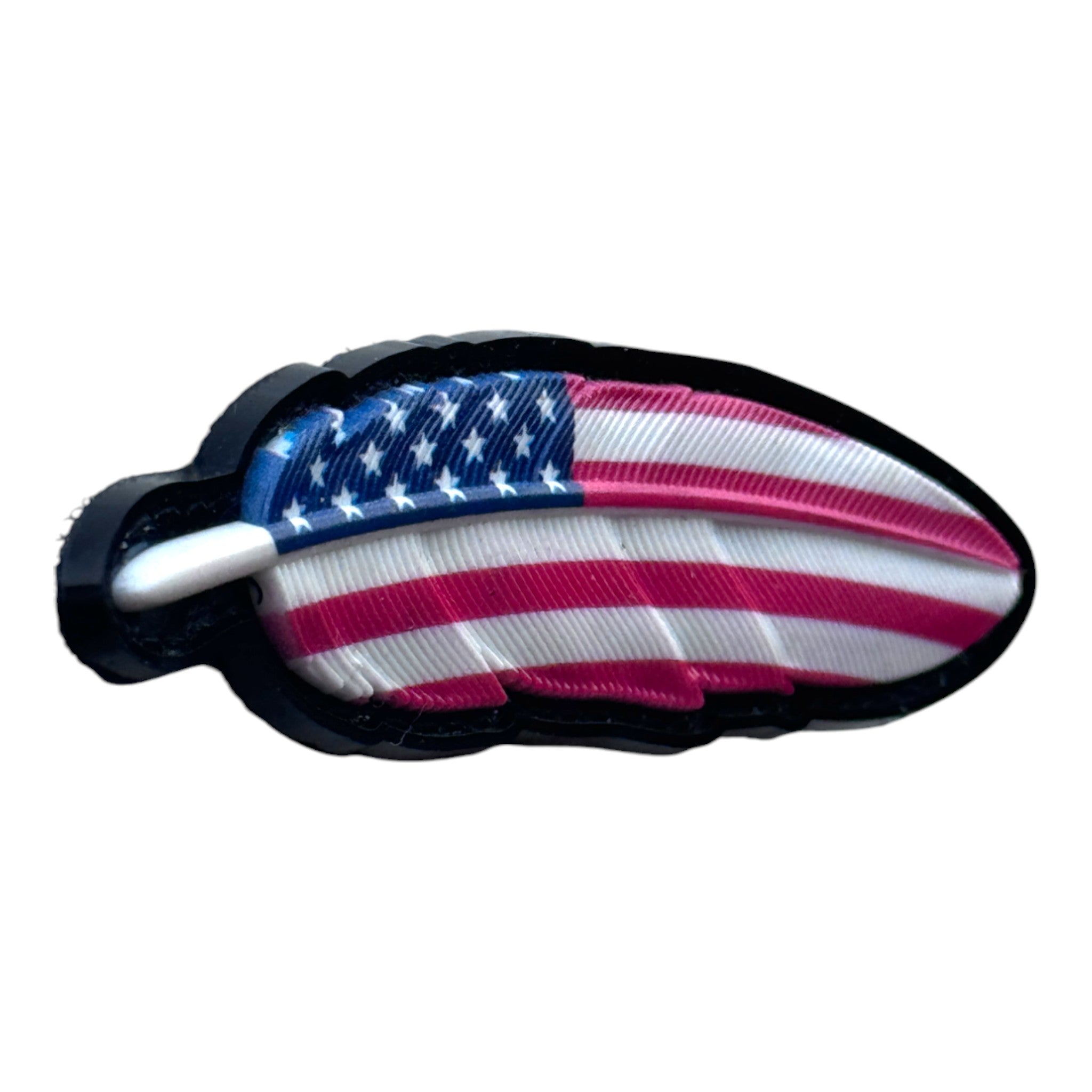 USA flag feather 3D PVC Velcro patch with hook and loop backing. Side view