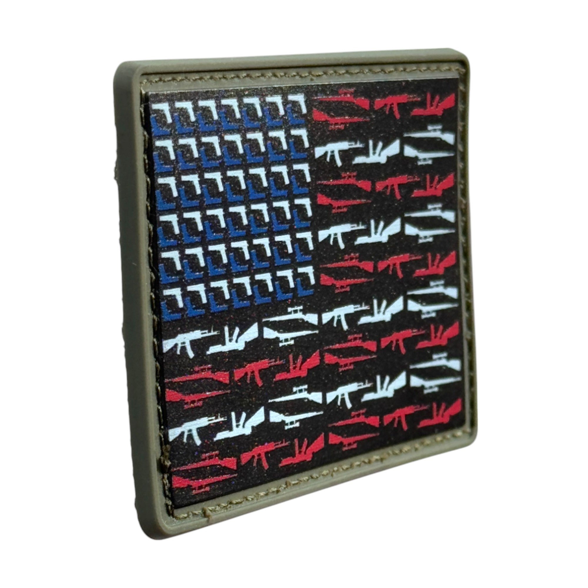 USA flag with riffle guns on rectangle tactical military 3D PVC Hook and loop patch. Side view