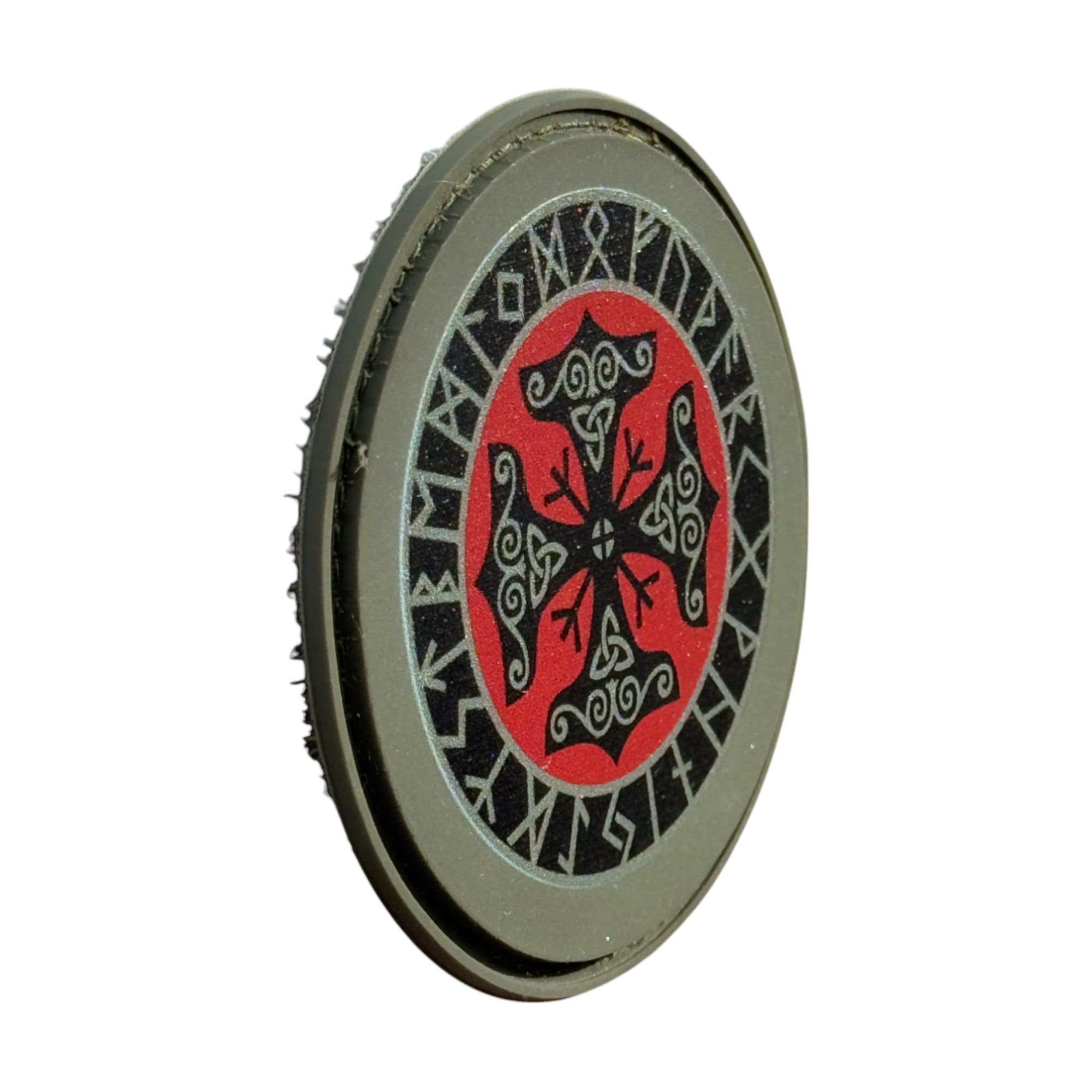 Viking cross on a green circle tactical military 3D PVC Hook and loop patch. Side view. Ideal for adding a unique and fun touch to your gear.