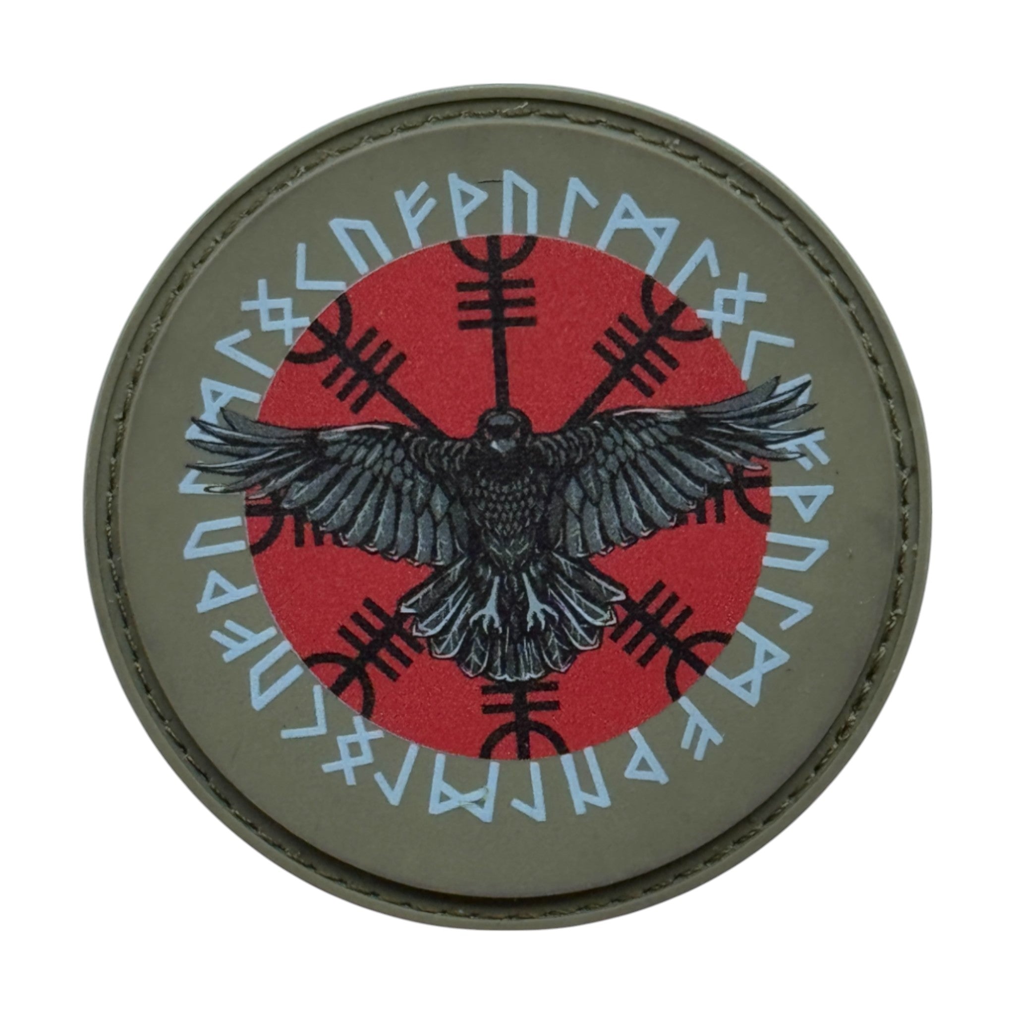 Viking raven on a green circle tactical military 3D PVC Hook and loop patch. Ideal for adding a unique and fun touch to your gear.