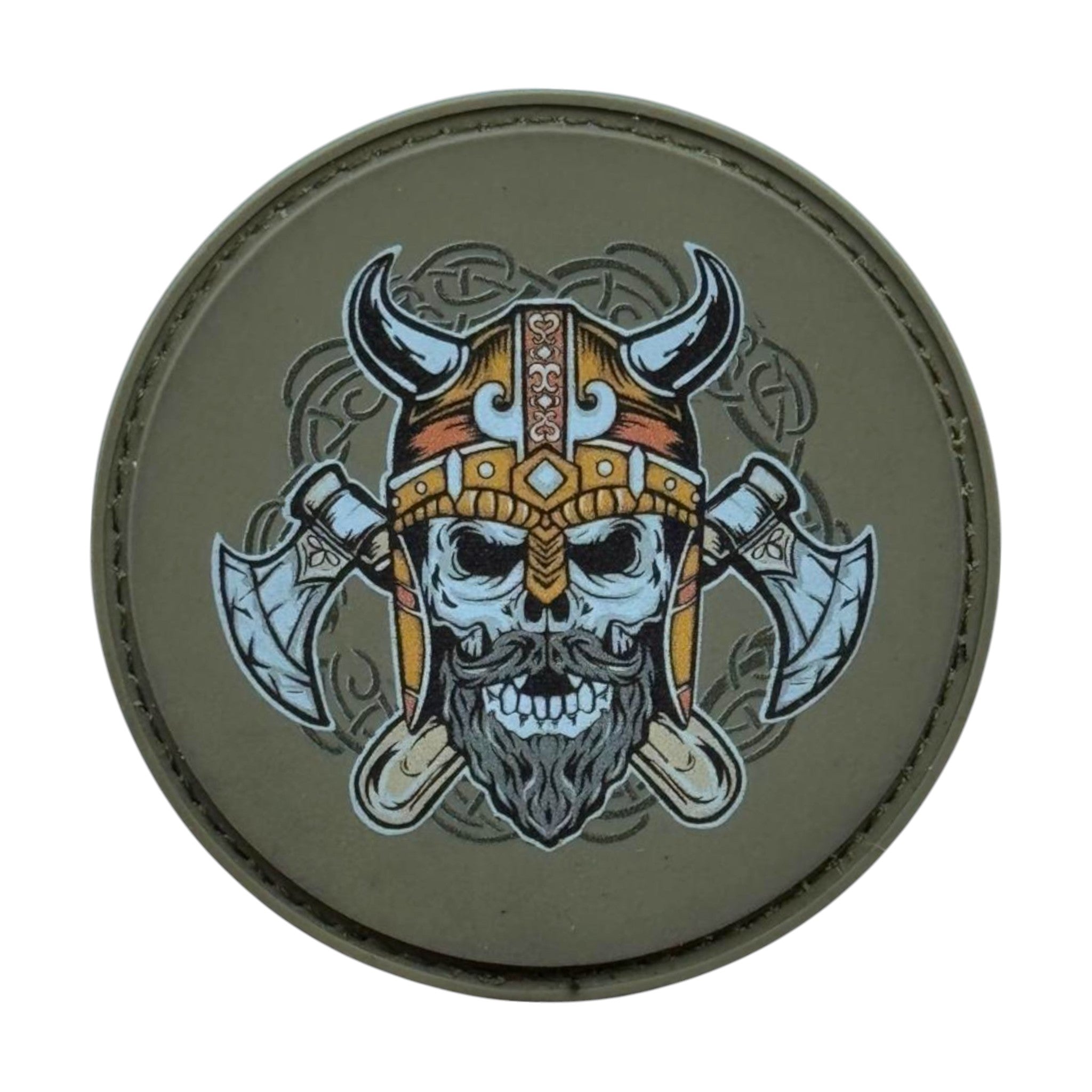 Viking with axe on a green circle tactical military 3D PVC Hook and loop patch. Ideal for adding a unique and fun touch to your gear.