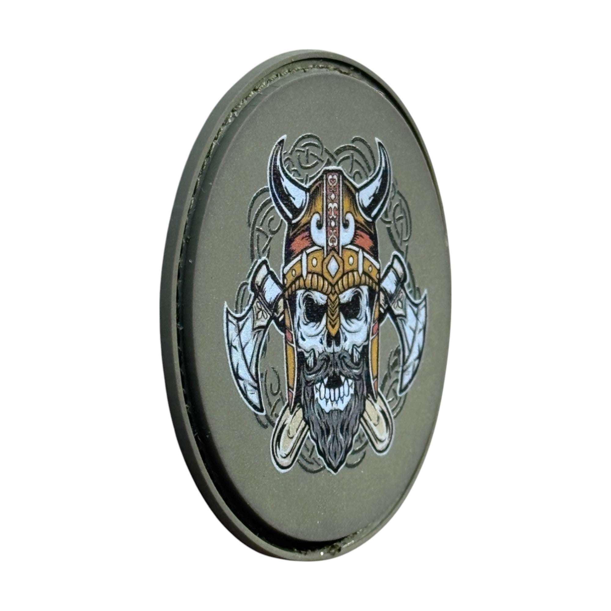 Viking with axe on a green circle tactical military 3D PVC Hook and loop patch. Side view. Ideal for adding a unique and fun touch to your gear.