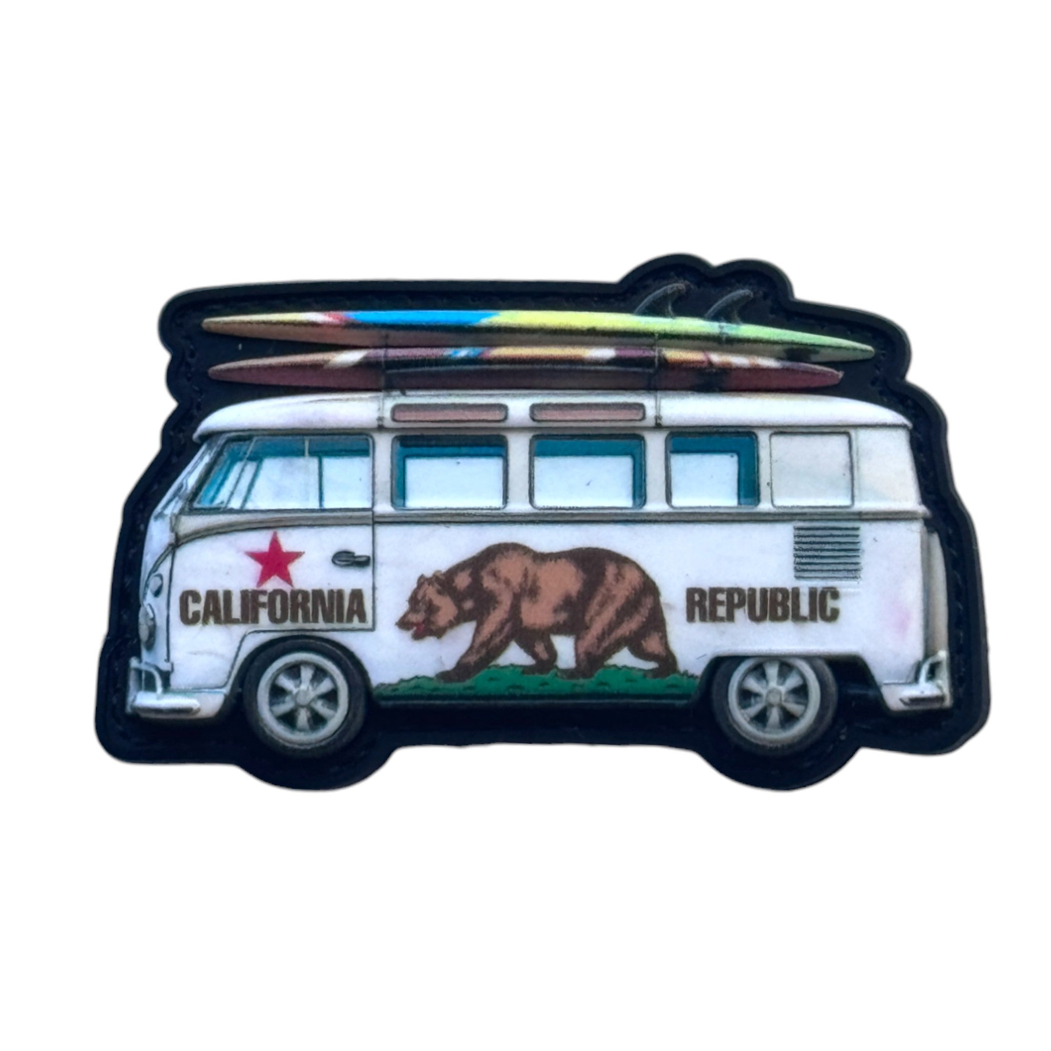 White surf bus with surfboards on top and California republic sign. 3D PVC Velcro patch with hook and loop backing.