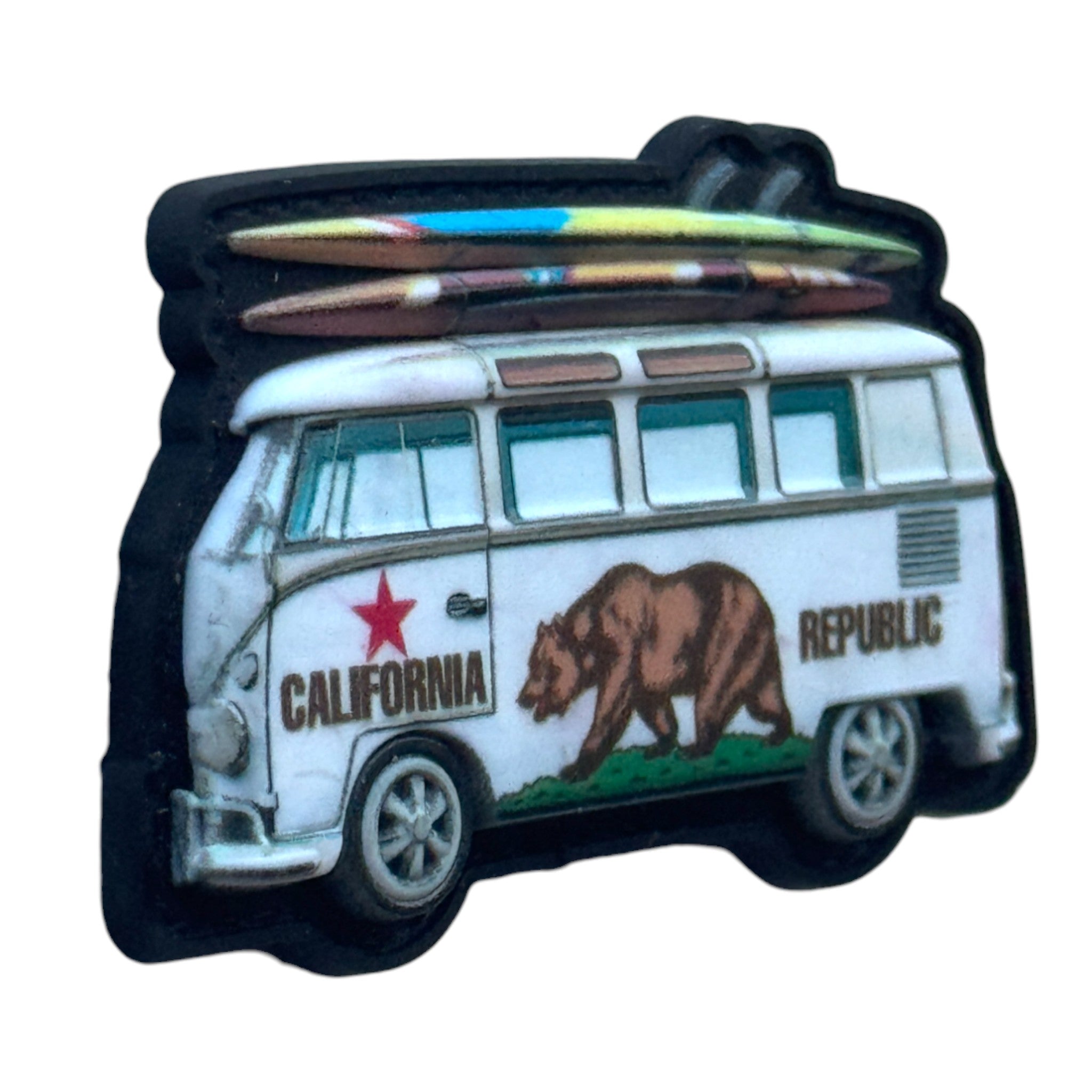 White surf bus with surfboards on top and California republic sign. 3D PVC Velcro patch with hook and loop backing. Side view