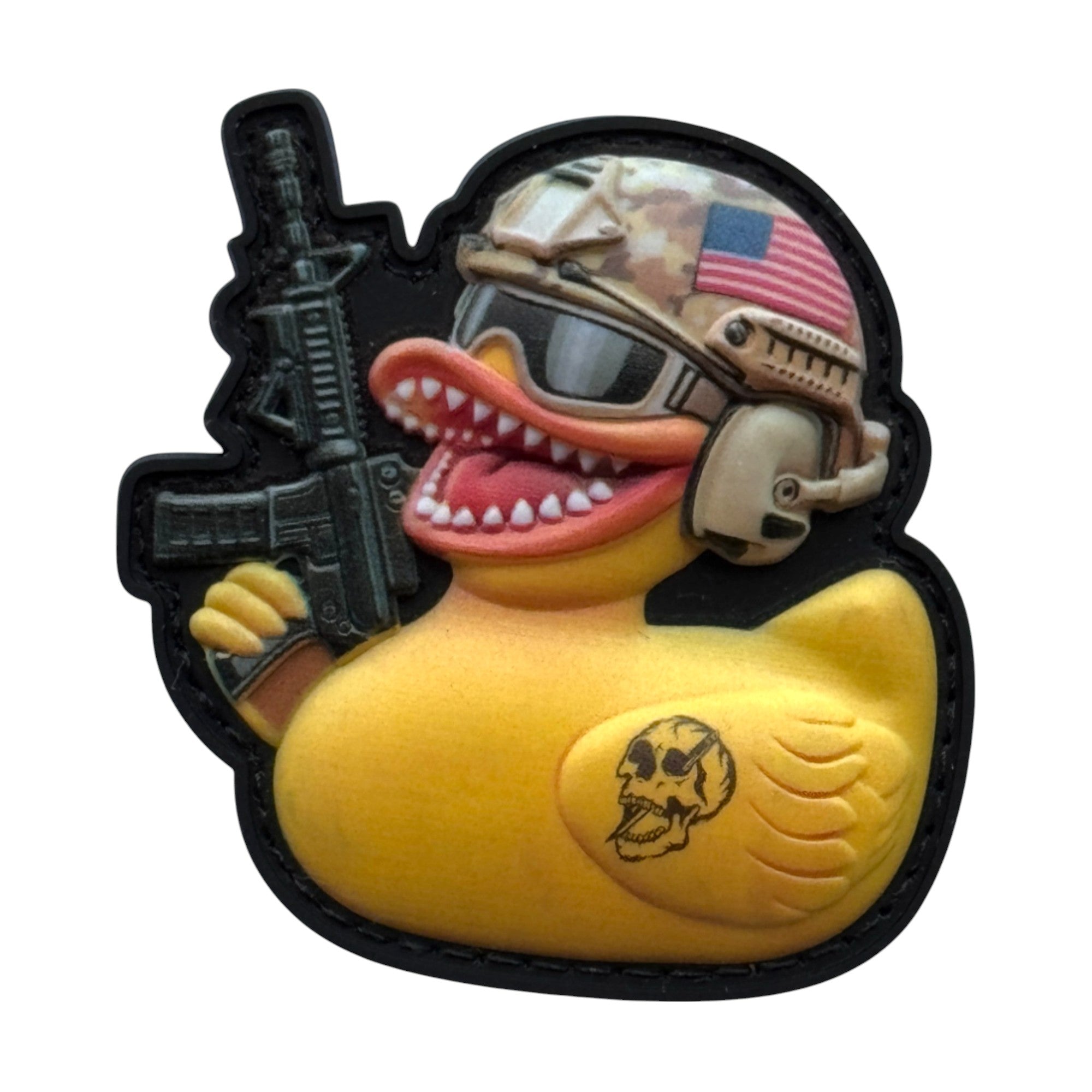 Yellow duck in combat helmet and rifle 3D PVC Velcro patch with hook and loop backing. 