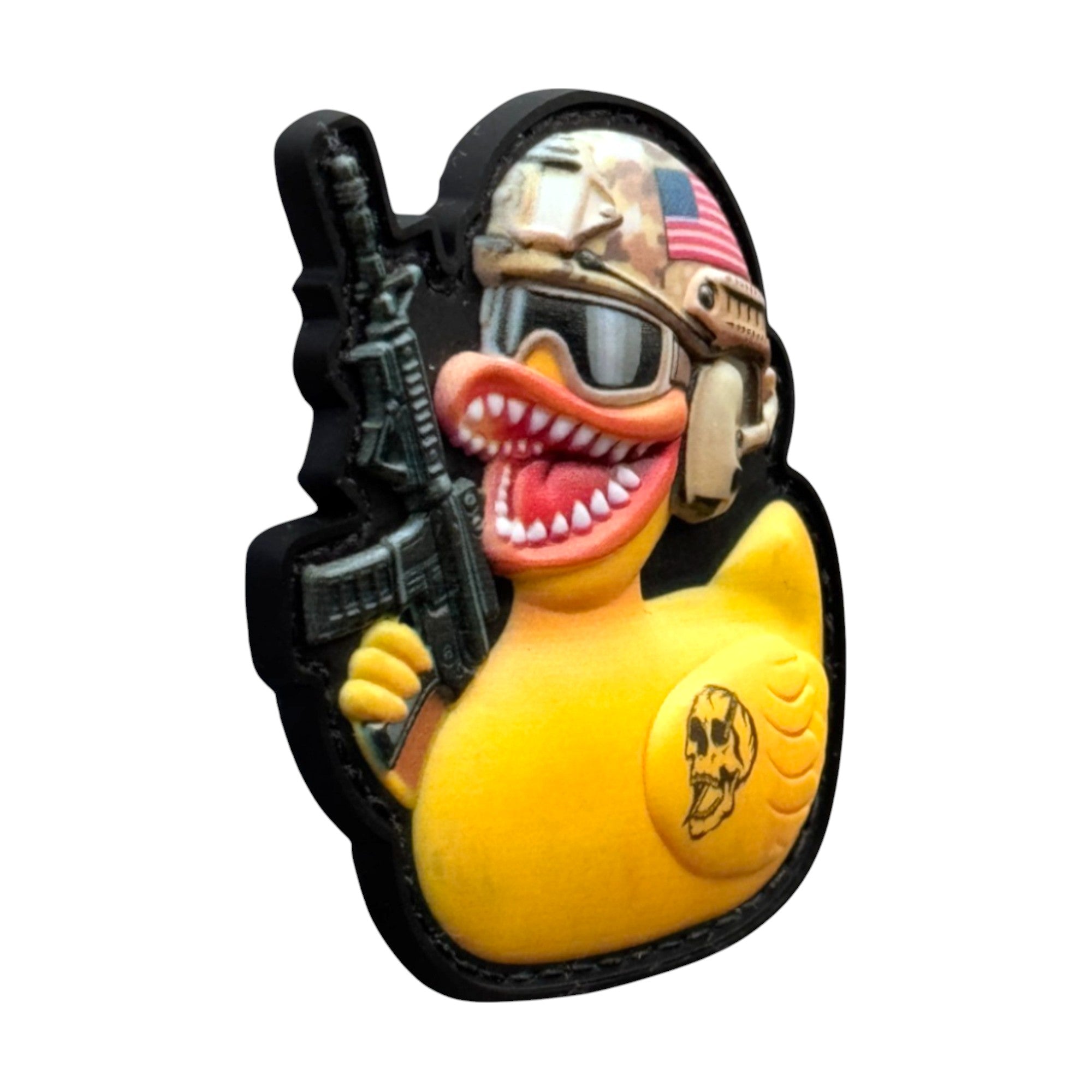 Yellow duck in combat helmet and rifle 3D PVC Velcro patch with hook and loop backing. Side view.