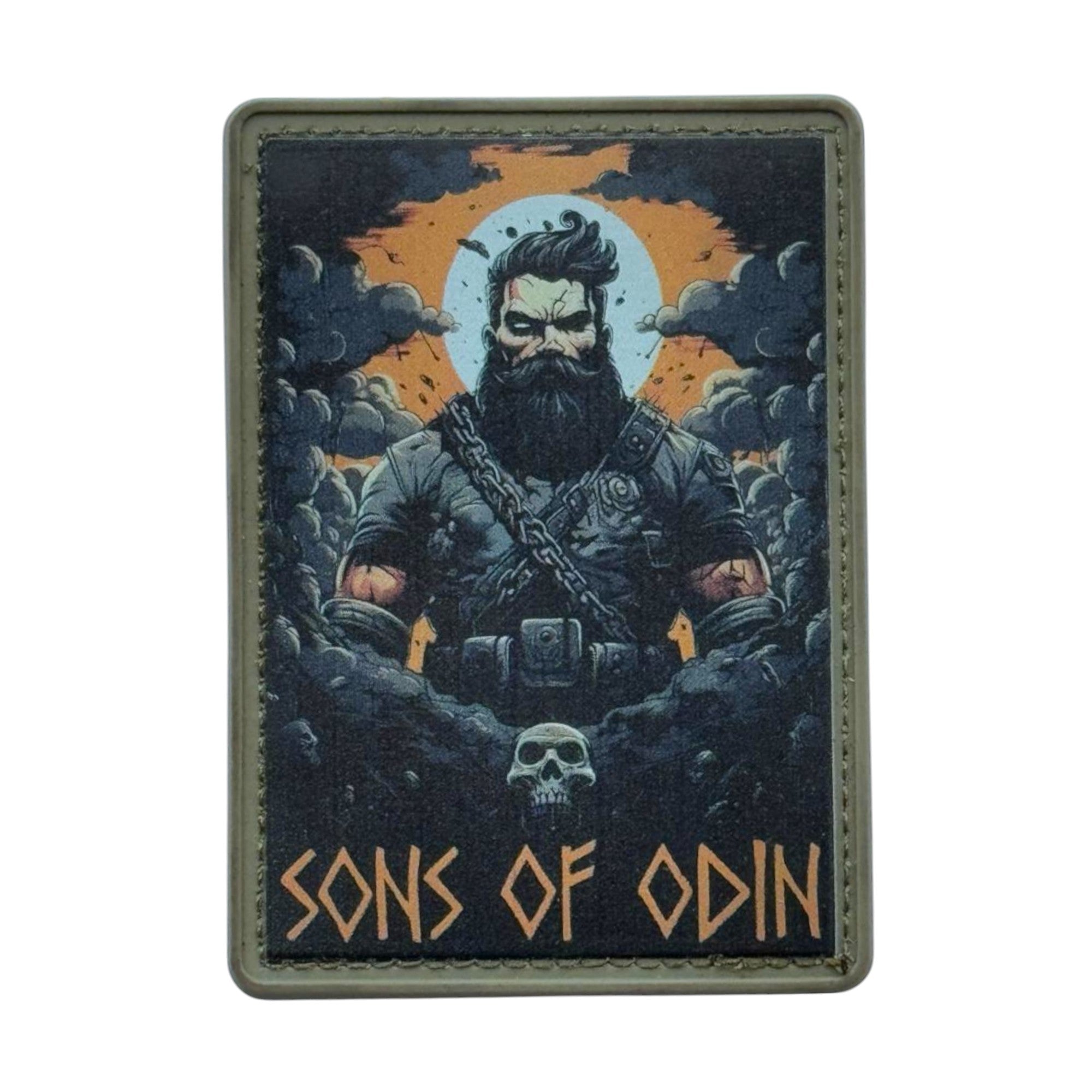 Soldier standing in clouds with text "sons of Odin" on rectangle tactical military 3D PVC Hook and loop patch.