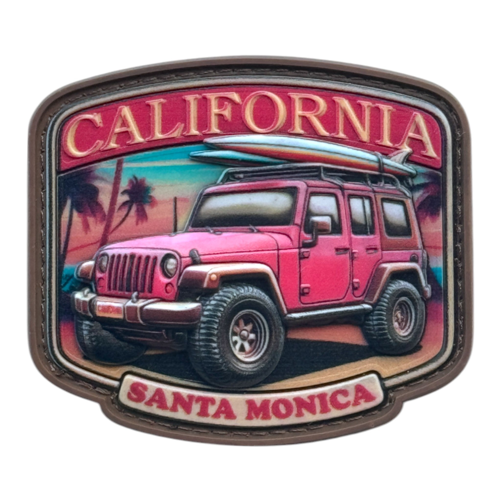 red jeep on a beach with the text 'California' and 'Santa Monica.' 3D PVC Velcro patch with hook and loop backing.