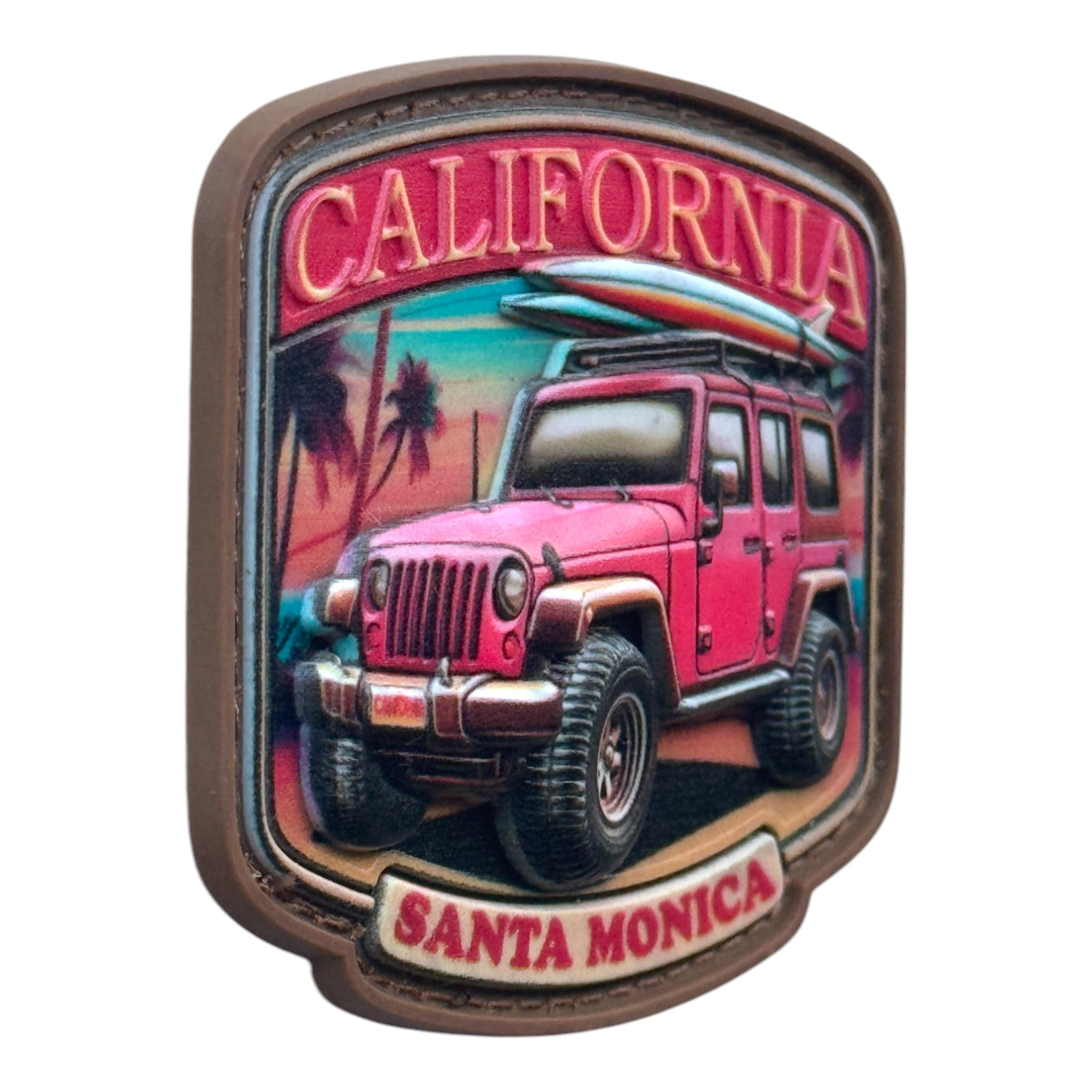 red jeep on a beach with the text 'California' and 'Santa Monica.' 3D PVC Velcro patch with hook and loop backing. Side view