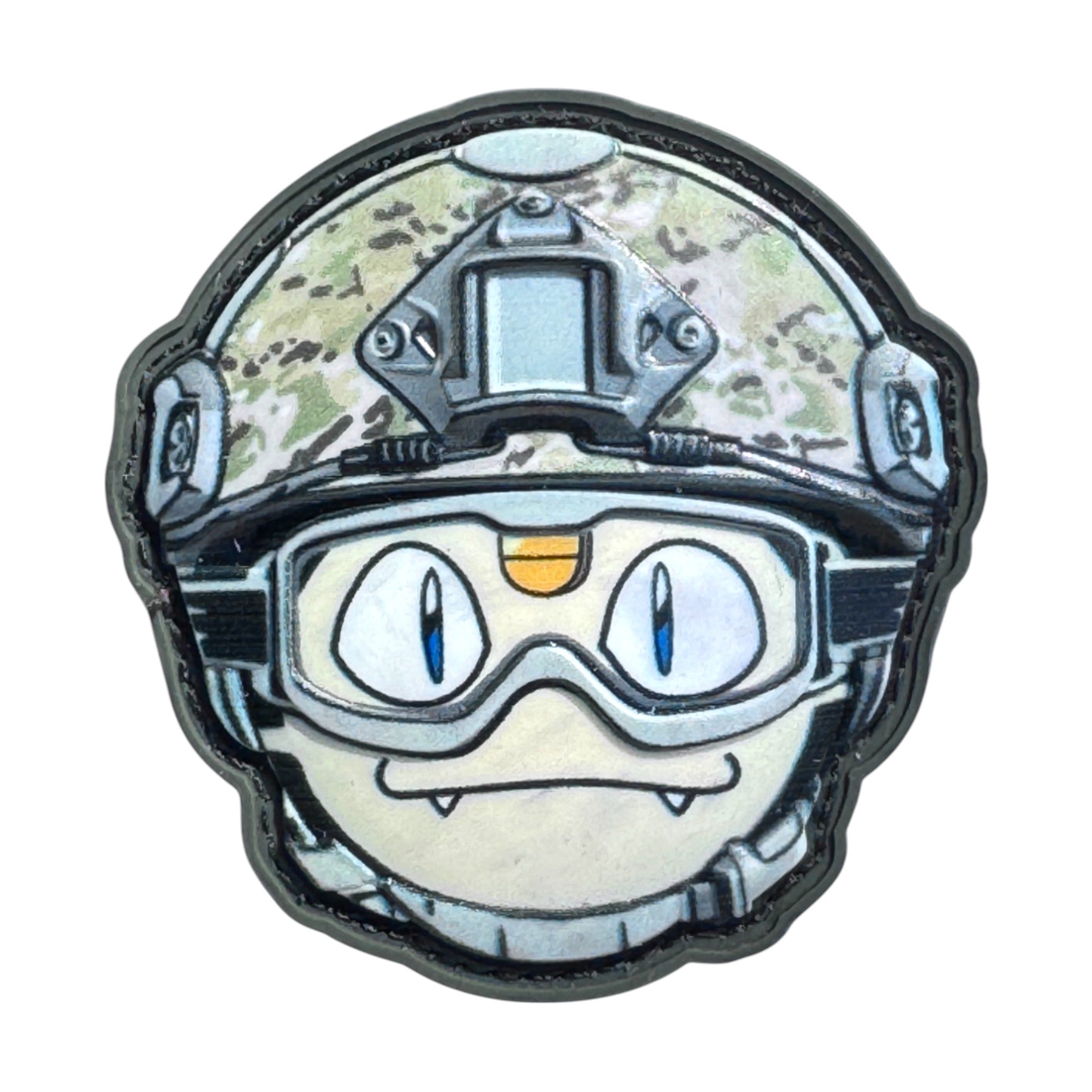 white face emoji with little teeth wearing a combat helmet on a tactical military 3D PVC Hook and loop patch. Ideal for adding a unique and fun touch to your gear.